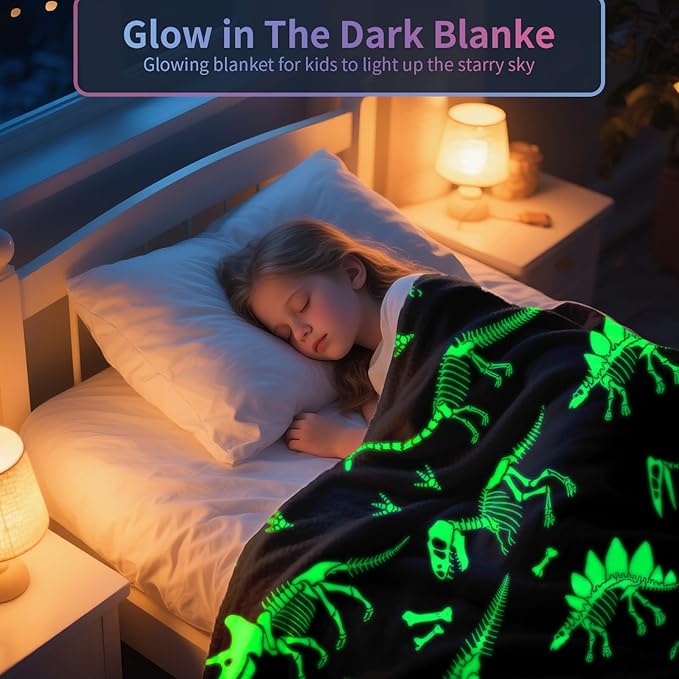 TEHALK Dinosaur Glow in The Dark Blanket for Boys/Girls/Toddler/Baby, Dinosaur Toys for Boy Age 3-12, Cute Funny Kids Throw Blanket for Birthday/Gifts 50"x 60"