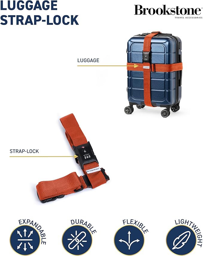 Brookstone Luggage Strap - 2-in-1 TSA-Approved Expandable Luggage Straps for Suitcases with Keyless 3-Digit Combination Lock, Size One Size, Orange