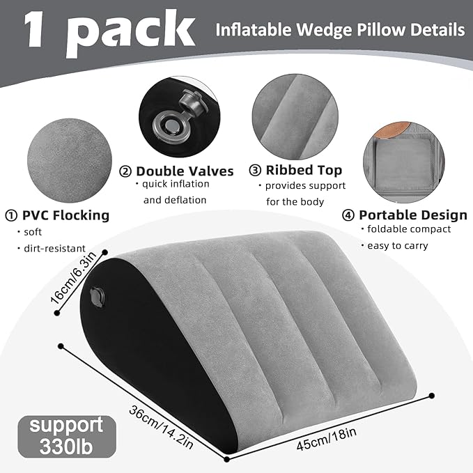 Prosixtoy Portable Wedge Pillow Inflatable Cushion - Body Positioners Lightweight Wedge Pillow for Sleeping, Leg Elevation, Use in Bed, Travel, Camping, Fast Inflating Deflation (Grey)