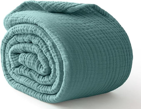 100% Cotton Muslin Blanket King 108" x 90", 6 Layers Breathable and Lightweight Cotton Throw Blanket for Bed, Soft Quilt Bedspread Coverlet, Gauze Blanket for Adults All Season, Teal