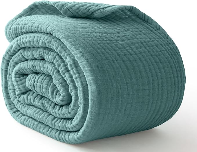 100% Cotton Muslin Blanket Queen 90" x 90", 6 Layers Breathable and Lightweight Cotton Throw Blanket for Bed, Soft Quilt Bedspread Coverlet, Gauze Blanket for Adults All Season, Teal