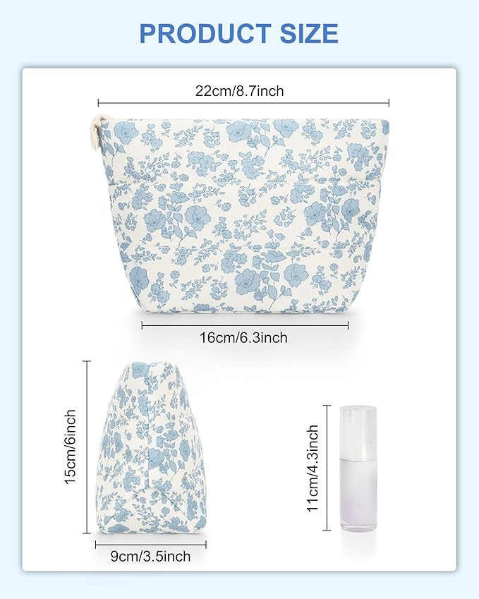 Relavel Floral Makeup Bag, Mini Cosmetic Pouch for Women, Portable Traveling Car Bag for Essentials with Compartments, Cute Toiletry Bag Organizer - Blue Flower