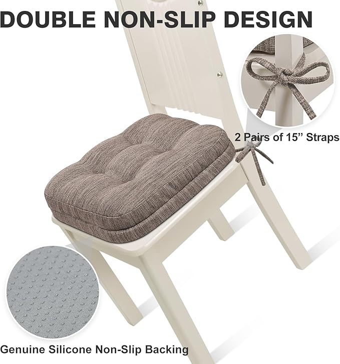 Shinnwa Dining Chair Cushions Set of 6, Dual-Layer Memory Foam Kitchen Chair Cushions, Patented Design Seat Pads with Ties, 16.5 x 16.5 x 3.5in, 6 Pack, Light Brown