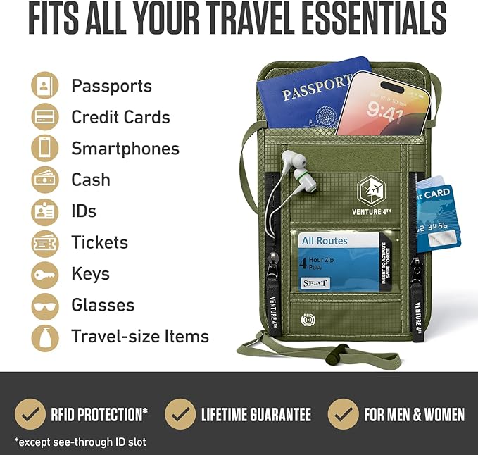 VENTURE 4TH Neck Wallet for Women & Men – RFID Blocking Passport Holder for Travel, Hidden Neck Pouch with 6 Compartments, Slim Lightweight Travel Organizer with Adjustable Strap (Green)