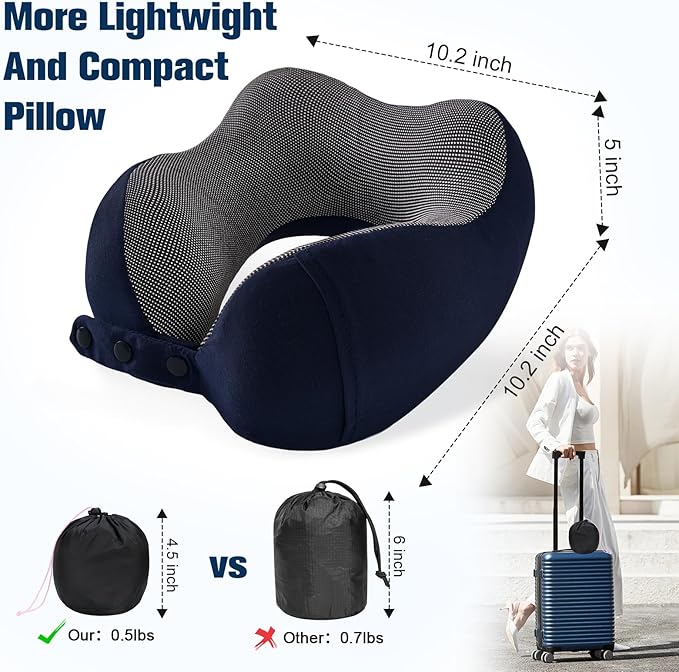 Neck Pillow for Traveling, Travel Pillows for Airplanes,100% Pure Memory Foam Travel Neck Pillow, Adjustable Flight Pillow, Portable Plane Accessories with Eye Mask, Earplugs, Carry Bag