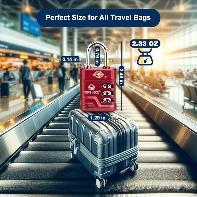 SURE LOCK TSA Approved Luggage Lock – 3-Digit Resettable Combination Padlock with Open Alert Red Dot, Large Easy-Read Dials for Suitcases, Backpacks, Gym & School Lockers(Red 2 pk)