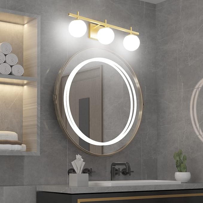 Ralbay Mid Century Modern Gold Bathroom Light Fixtures Gold Milky Glass Modern Bathroom Vanity Lights Over Mirror, Gold 3-Light (Exclude Bulb)