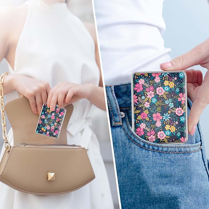 Pocket Mirror, Small Travel Mirror with Magnification, Portable Double-Sided Magnifying Cosmetic Mirror for Daily (Flower)