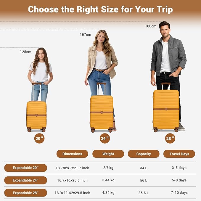 Kono Expandable 28 Inch Luggage with Spinner Wheels, Large Checked Luggage with TSA Lock, Lightweight & Anti-Scratch PC+ABS Hardshell Travel Suitcase, Yellow/Brown