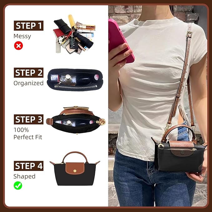 Doxo Bag Organizer Insert for LongChamp Mini Bag, Felt Small Purse Insert Organizer with YKK Zipper, Bag in Bag for Le Pliage Pouch XS with Handle, Extra Small Handbag Inner Shaper (Black, Mini)