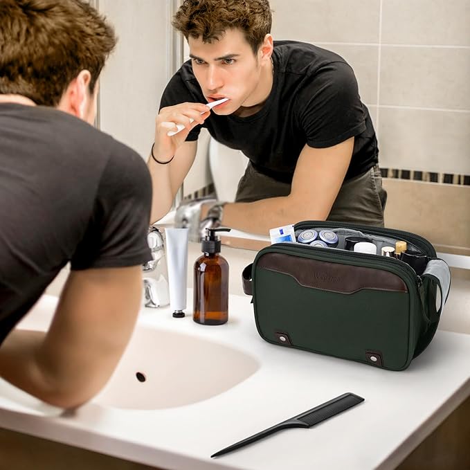 Wedama Toiletry Bag for Men, Medium Hanging Travel Toiletry Bag, Extra Electronic Organizer Bag Waterproof Shaving Bag for Toiletry with PU Handle for Travel Business Trips Swim Camping, Green+ Brown