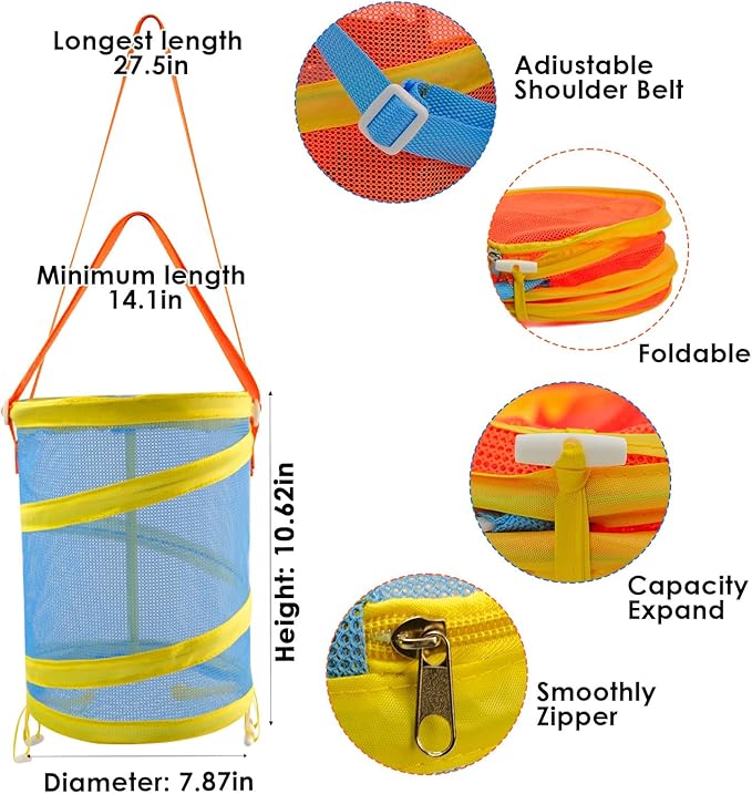 2Pcs Foldable Toy Storage Bag, Large Capacity Sea Shell Bags for Beach (10.5L/2.77Gallon), Portable Toy Storage Bag with Zipper and Strap(Orange and Blue), Storage Bucket for Sandbox