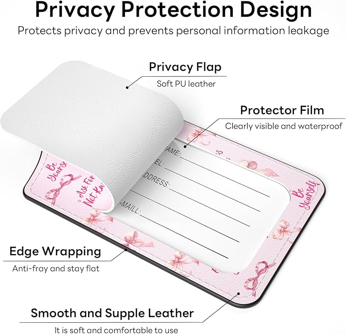 2 Pack PU Leather Luggage Tags for Suitcases, Privacy Protection Cover with Stainless Steel Loop and Address Card, Travel Cruise Essentials (Pink Bow)