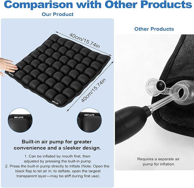 Portable Inflatable Seat Cushion, Airplane Travel Cushion Kit with Storage Pouch, Eye Mask & Earplugs, Fits Airplane Seat/Car/Office/Chairs (49 Air Cells)