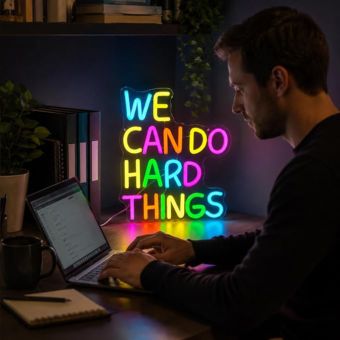 We Can Do Hard Things Neon Sign LED Motivational Light for Classroom Decor | Dimmable Positive Quote Neon Lights for Classroom, Gym, Kids Room, Library, Office, School Decor, Party Backdrop, USB powered