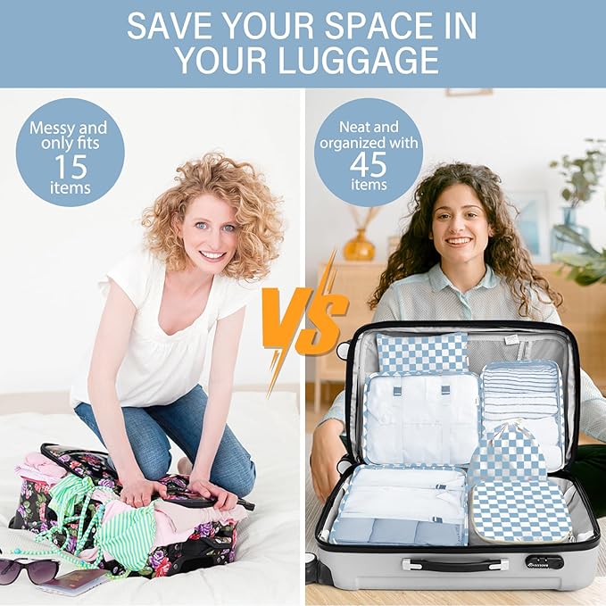 8 Set Packing Cubes for Travel, Luggage Packing Organizers Accessories Large Toiletries Bag for Clothes Shoes Cosmetics (Blue Checkered)