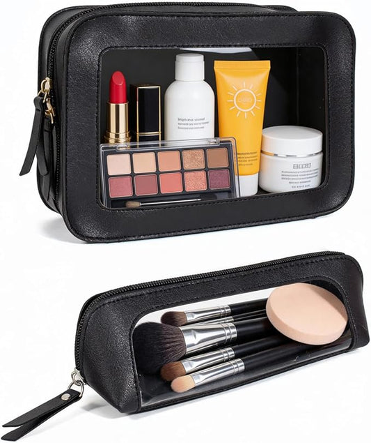 LETGO 2Pack Clear Makeup Bags, Portable Clear Makeup Brushes Bag Case Travel Car Accessories Essentials,Slim Makeup Pouch for Purse for Women (2Pack-Black Set)