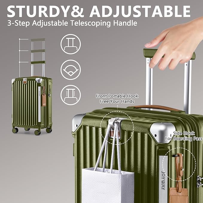 Joyway 5 Piece Luggage Set with Cup Holder, Expandable 25% Capacity, Includes Handbag, Anti Slip Wheels, Hook, Smart Carry On Suitcase for Men and Women, Spinner Travel DarkGreen