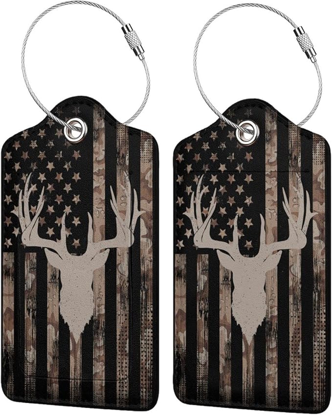 Camo Deer Hunting 2 Pcs Luggage Tags, Privacy Cover Id Label with Stainless Steel Loop and Address Card for Suitcases & Travel Bags
