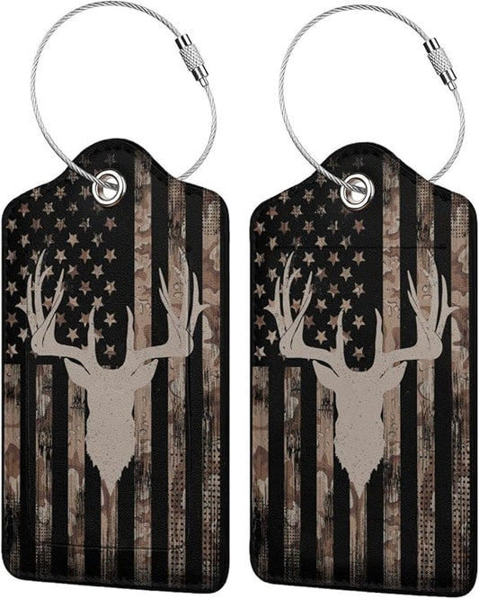 Camo Deer Hunting 2 Pcs Luggage Tags, Privacy Cover Id Label with Stainless Steel Loop and Address Card for Suitcases & Travel Bags