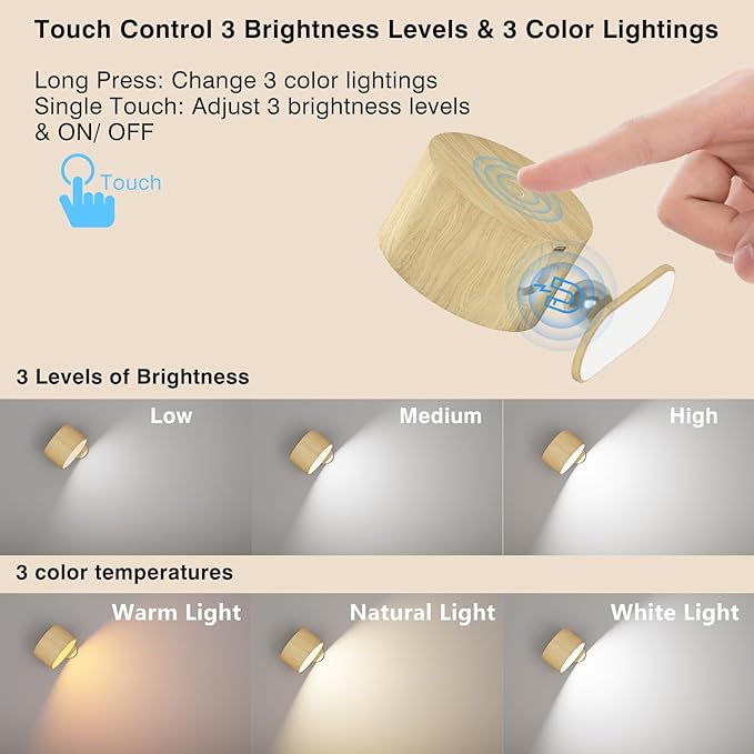 AKSDA Rechargeable Wall Sconce, Battery Operated LED Reading Light with 360-Degree Rotation Magnetic Mounting, Dimmable 3 Color Temps Touch Control Cordless Wall Lights for Study Home Office, 1 Pack