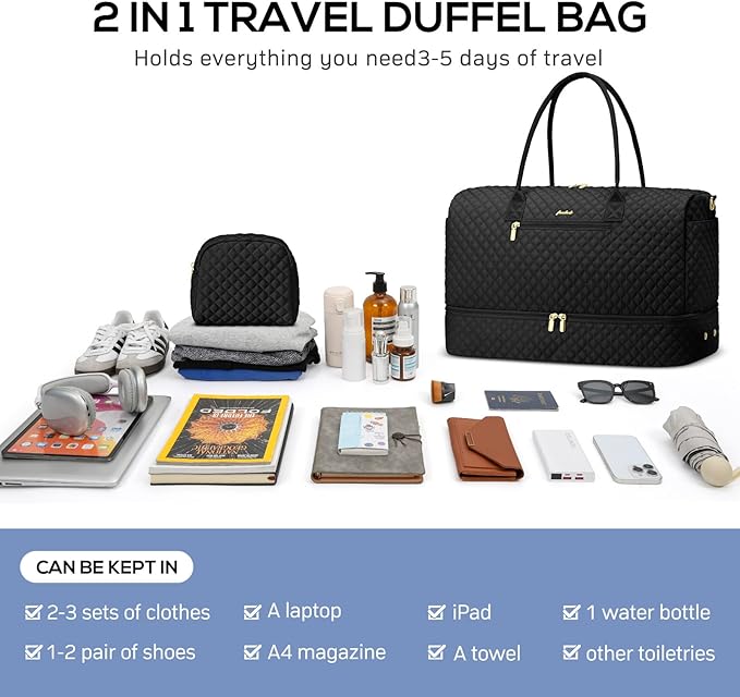 Travel Weekender Duffle Bags for Women - Large Carry On Bag with Shoe Compartment Overnight Bag with Toiletry Bag Duffel Bags with Wet Pocket for Gym Hospital Bags for Labor and Delivery Black