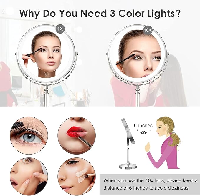 DEIOVWXS Makeup Mirror, 3000mAh Rechargeable Double-Sided Magnifying Vanity Mirror with 3 Colors, 1X/10X, 360° Rotation, Adjustable Brightness, Gifts for Mom, Women,Wife, Girls, Dorm Room Essential