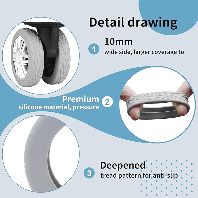 10Pcs Luggage Covers Silicone Silent Suitcase Protector for Luggage Office Chair Caste Upgraded Wear-Resistant Anti-Noise Shock Absorption Suitcase Wheel Covers Accessories for Travel Grey