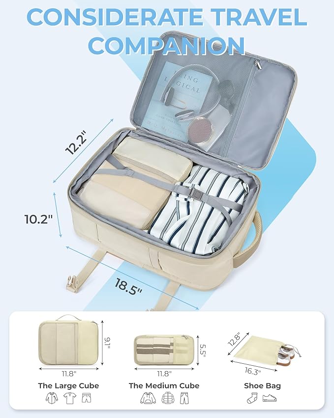 BAGSMART Compression Travel Backpack, 37L Expandable Carry On Backpack with Packing Cubes, Water Resistant Weekender Backpack with Shoe Bag, Warm Beige
