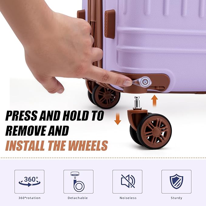 KUNEL Expandable 5 Piece Luggage Sets with Detachable Spinner Wheels and TSA Lock, Unisex Hardside ABS Suitcase Set, Hardshell Lightweight Waterproof Travel Hard Case Suitcases with Wheels, Purple