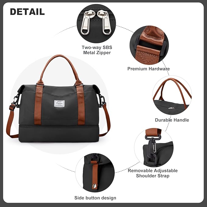 Weekender Bags for Women, Travel Duffel Bags with Shoe Compartment,Personal Item Travel Bag for Airlines, Carry on Overnight Tote Bag for Women with Toiletry Bag，Black&Brown