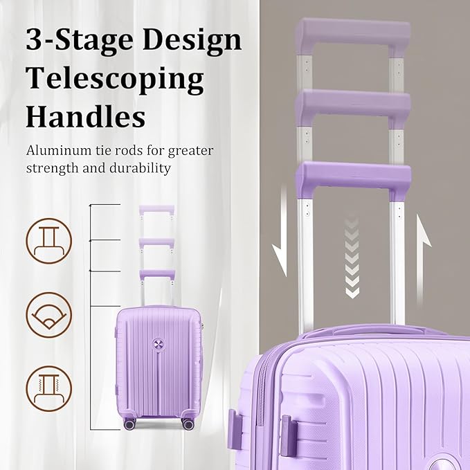 Joyway Suitcase Set 3 Piece Luggage Sets with TSA Lock, PP Hardside Carry on Luggage Set, Travel Lightweight Suitcases with Wheels, Light Purple