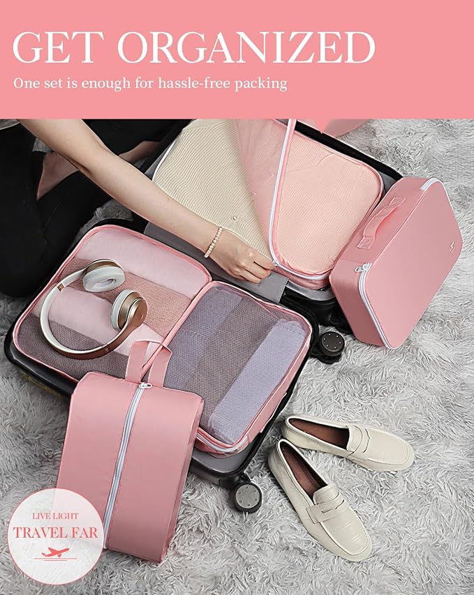 HOTOR Packing Cubes for Suitcases - 6 Pieces, Light Packing Cubes for Travel, Premium Suitcase Organizer Bags Set, Space-Saving Luggage Organizers, Travel Accessories and Essentials, Pink