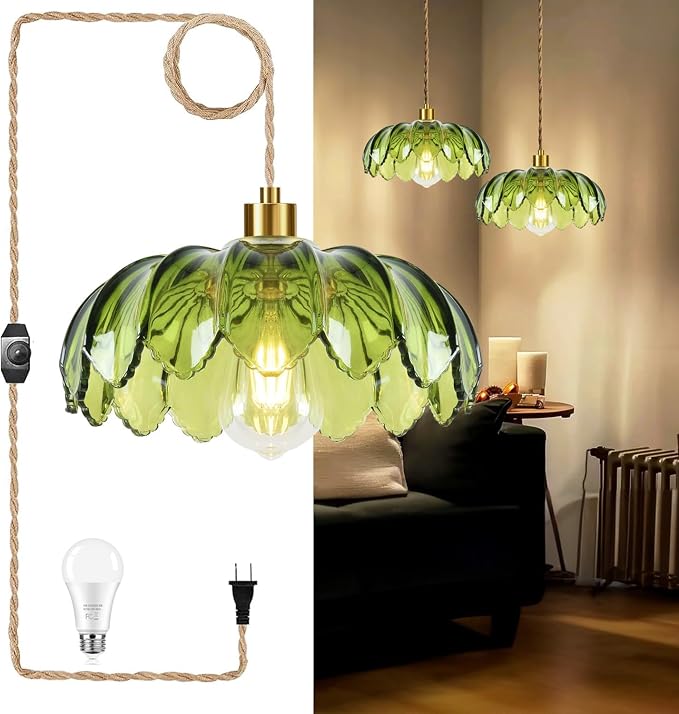 QIYIZM Plug in Pendant Light Hanging Lights with Plug in Cord Boho Hanging Lamp Glass Gold Mid Century Modern Vintage Dimmable Green Flower Plug in Chandelier Ceiling Fixture for Living Room,Kitchen