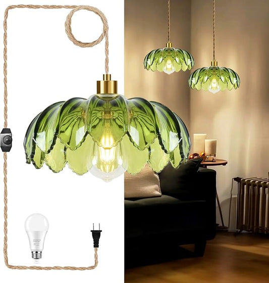 QIYIZM Plug in Pendant Light Hanging Lights with Plug in Cord Boho Hanging Lamp Glass Gold Mid Century Modern Vintage Dimmable Green Flower Plug in Chandelier Ceiling Fixture for Living Room,Kitchen