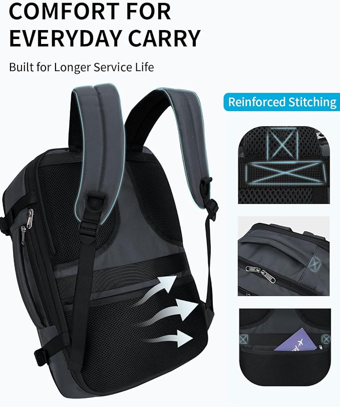 ECOHUB Carry On Travel Backpack, Expandable Airlines Personal Item Bag 18x14x8, Water Resistant 17 inch Laptop Backpack Flight Approved, 12 Pockets 30L Work Backpacks with Wet Pocket Cable Slot, Grey