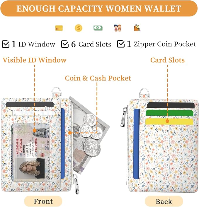 Hancynir Florals Slim Wallet Women Credit Card Holder, RFID Blocking Front Pocket Wallet Wristlet Keychain Lanyard, Small Cute Mini Card Case, Thin Travel Zipper Coin PU Leather Ladies Female Gifts
