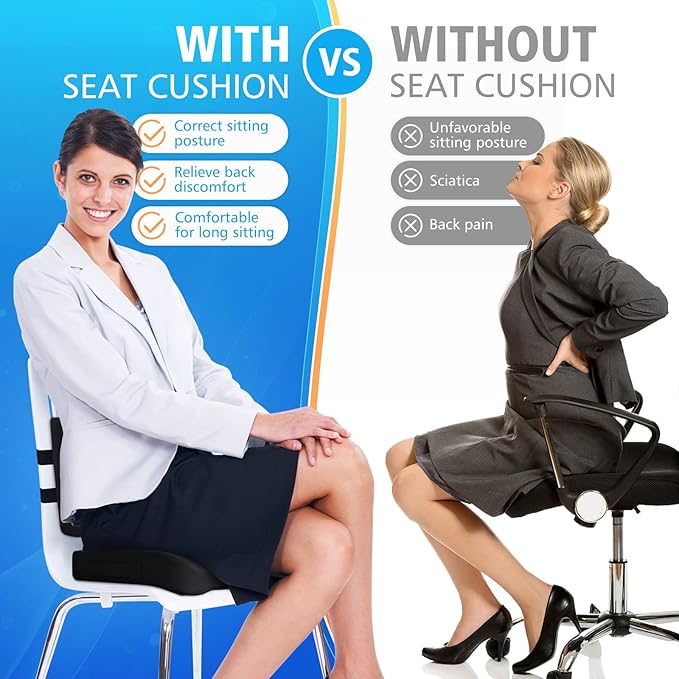 Ergonomic Seat Cushion & Lumbar Support Pillow - Memory Foam for Sciatica Pain Relief & Posture Correction, Non-Slip Chair Cushions for Office Chair/Car/Wheelchair/Travel (Black)