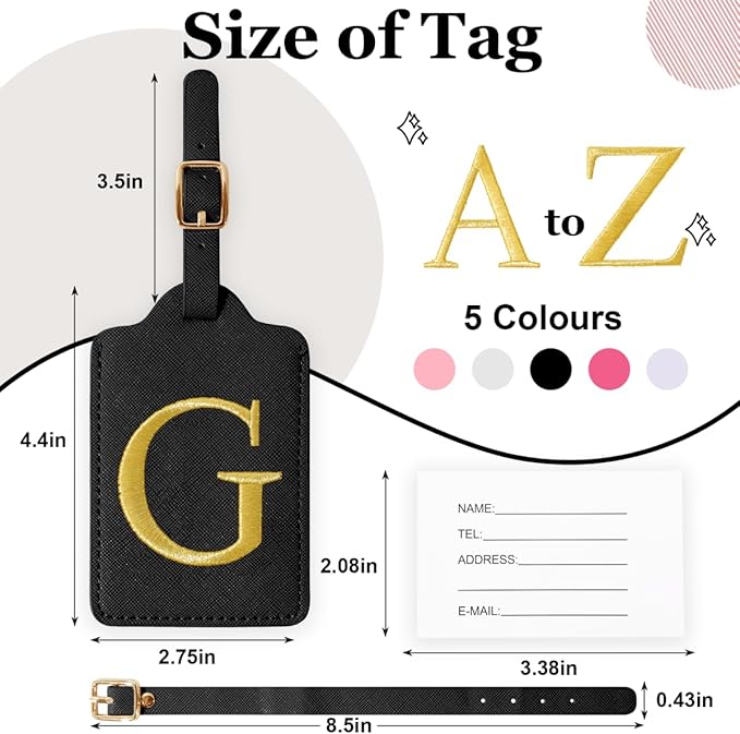 Personalized Initial Luggage Tags for Suitcases,Leather Letter Cute Luggage Tags with Privacy Name Card,Embroidered Monogrammed Travel Bag Backpack Tag Gifts for Women Kids Girls Teens(Black-G)