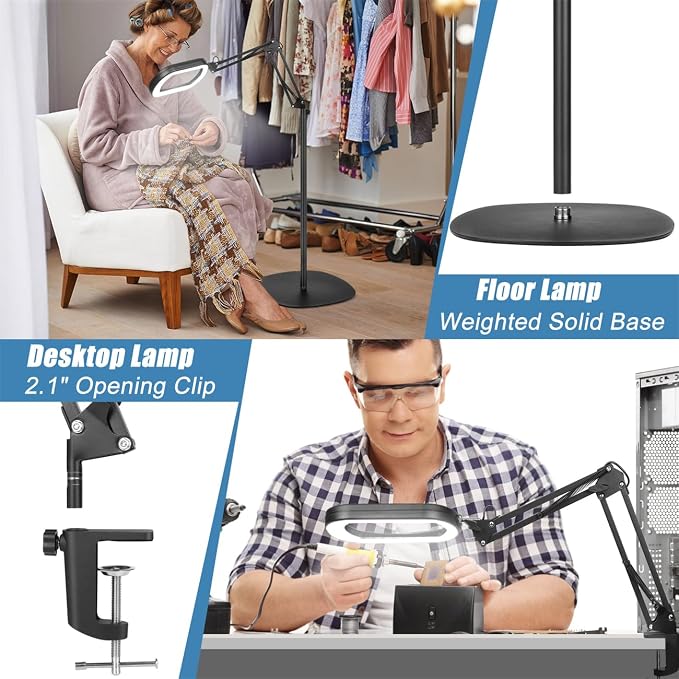 IVMAIE 12X Magnifying Glass with Light and Stand, Real Glass Lens, 5 Color Modes LED Dimmable Lighted, 3-in-1 Floor Lamp with Clamp, Hands Free Magnifier for Reading, Craft Painting Close Work, Black