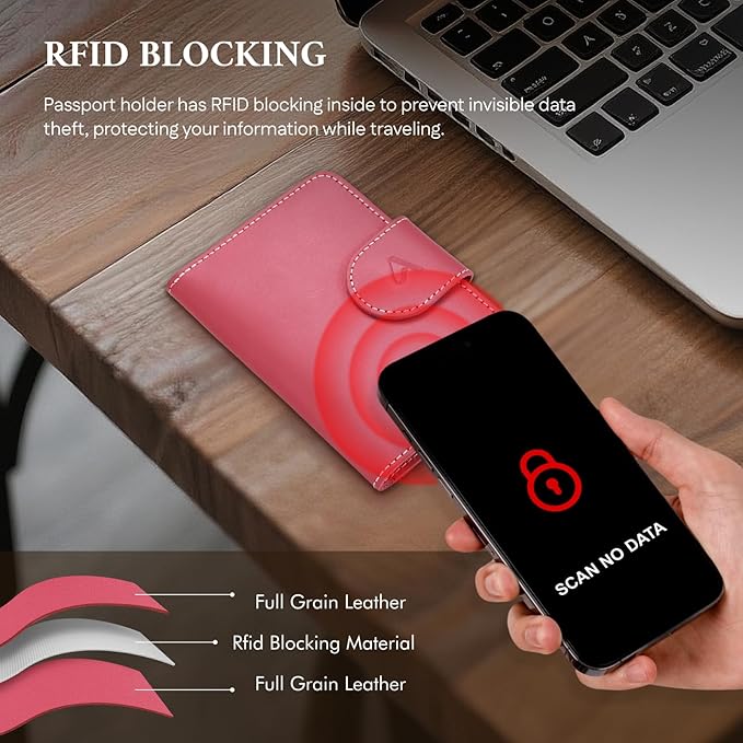 ALLIVE Rfid Passport Holder for Travel Women, Rfid Passport Cover Wallet, Genuine Leather Passport Holder for Travel with AirTag Hidden, Airport Essentials, Travel Gifts (Rose Pink)