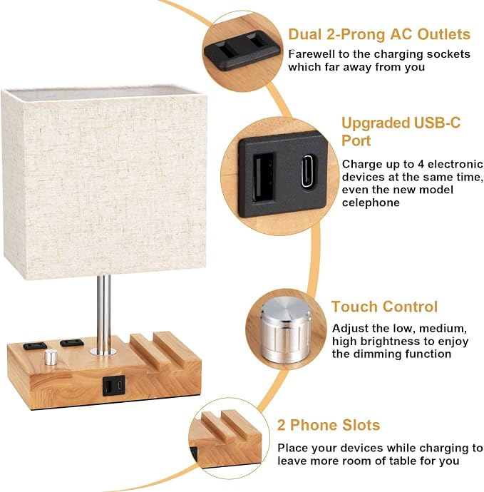 Wood Grain Table Lamp for Bedroom, Stepless Dimmable, USB C+A, 2 AC Outlets | Dimming By Rotary Knob, USB C+A Ports, 2 Phone Stands, LED Bulbs Included, Rectangle Beige Lampshade, for Living Room, Desk