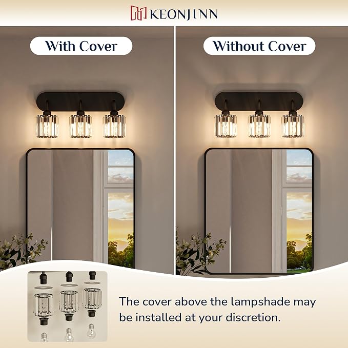 Keonjinn 2-Light Bathroom Light Fixtures Over Mirror, Crystal Black | Bathroom Vanity Lighting Fixture with Crystal Square Shades, Dimmable, Compatible with E26 Base LED Bulbs (Exclude Bulb)