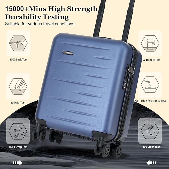 16 Inch Underseat Carry On Luggage Airline Approved, Expandable Lightweight ABS+PC Hard Shell Suitcases with 360° Spinner Wheels, TSA Lock, YKK Zipper, for Business Weekender (Blue, 1 PC)