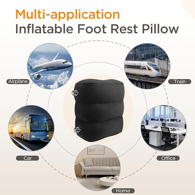 HOMCA Inflatable Travel Foot Rest Pillow (1-Pack) Adjustable Height Leg Pillow Fast Inflating Airplane Bed for Toddlers Footrest Pillow for Office, Airplane, Train, Cars, Home (Black)