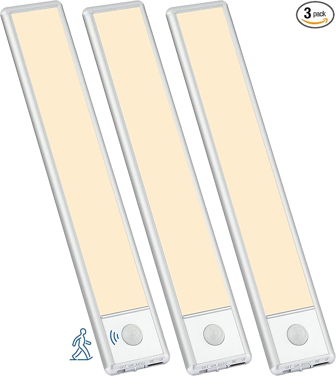 Motion Sensor Under Cabinet Lights, 3-Pack, Warm White, 8 inch | Magnetic, Rechargeable Under Counter Closet Light, Wireless Night Light Bar, 10% to 100% Dimming, USB Cable Included