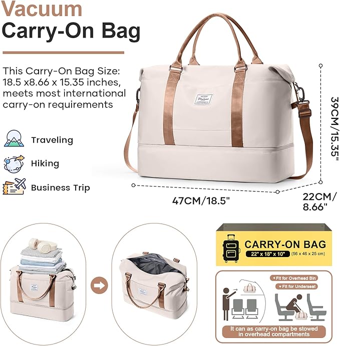 Overnight Weekender Bags for Women,Vacuum Travel Duffel Bag with Air Pump, Personal Item Travel Bag with Shoes Compartment & Compression Pocket,Beige & Brown