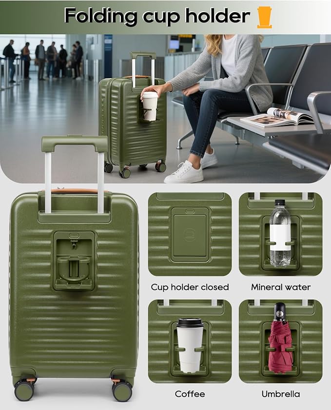 Joyway Carry on Luggage Airline Approved with Front Compartment and Cup Holder, 20 Inch Hard Shell Carry-on Suitcase with Spinner Wheels and TSA Lock for Women Men