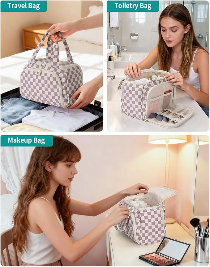 Narwey Checkered Travel Toiletry Bag for Women Large Makeup Bag, Wide-open Cosmetic Make Up Organizer with Handle, Travel Bag for Toiletries, Essentials, Accessories (Dusty Pink Checkerboard)