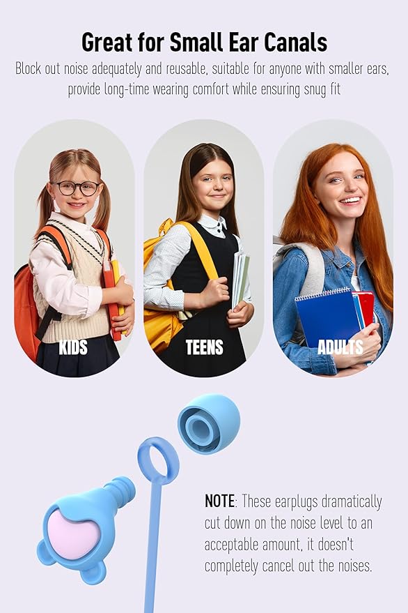 Kids Ear Plugs (6-12 Years) with Cord, Kids Ear Protection Reusable Noise Relief Earplugs for Focus, Travel, Concert, Socializing, Events, Sleep, Anxiety, Home, School, Playtime -26dB Noise Reduction
